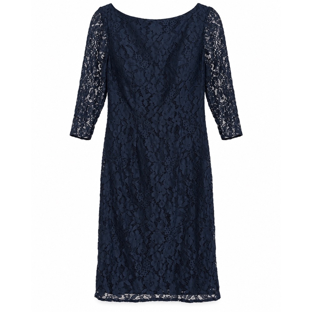 Azazie Navy Blue Lace Sheath Dress Size 8 3/4 Sleeve Cocktail MOB MOG